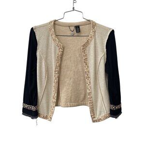 BKE Boutique Crop Cardigan Size Medium Sequin Embellished Open Front Beige Black